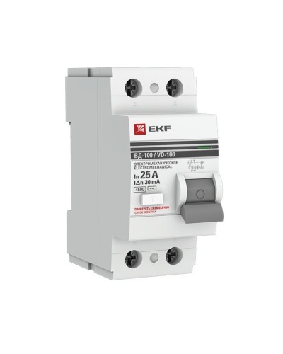 УЗО ВД-100 2P 25А 30мА тип AC эл-мех  PROxima (elcb-2-25-30-em-pro). Выключатель дифференциального тока (УЗО). EKF в Воронеже