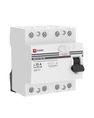 УЗО ВД-100 4P 25А 30мА тип AC эл-мех  PROxima (elcb-4-25-30-em-pro). Выключатель дифференциального тока (УЗО). EKF в Воронеже