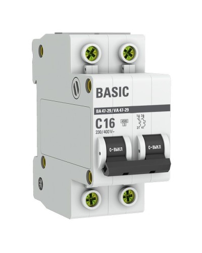 Автоматический выключатель 2P 16А (C) 4,5кА ВА 47-29 Basic (mcb4729-2-16C). Автоматический выключатель. EKF в Воронеже