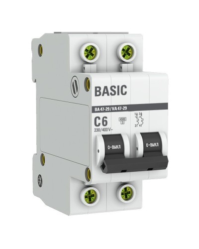 Автоматический выключатель 2P 6А (C) 4,5кА ВА 47-29 Basic (mcb4729-2-06C). Автоматический выключатель. EKF в Воронеже