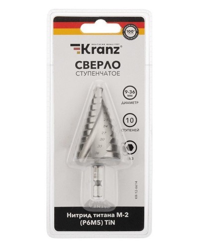 Сверло по металлу ступенчатое ТИТАН 9,0-36,0 мм 110 mm 65 HRC Р6М5 TiN Kranz (KR-12-6614): Сверло по металлу шлифованное в Воронеже